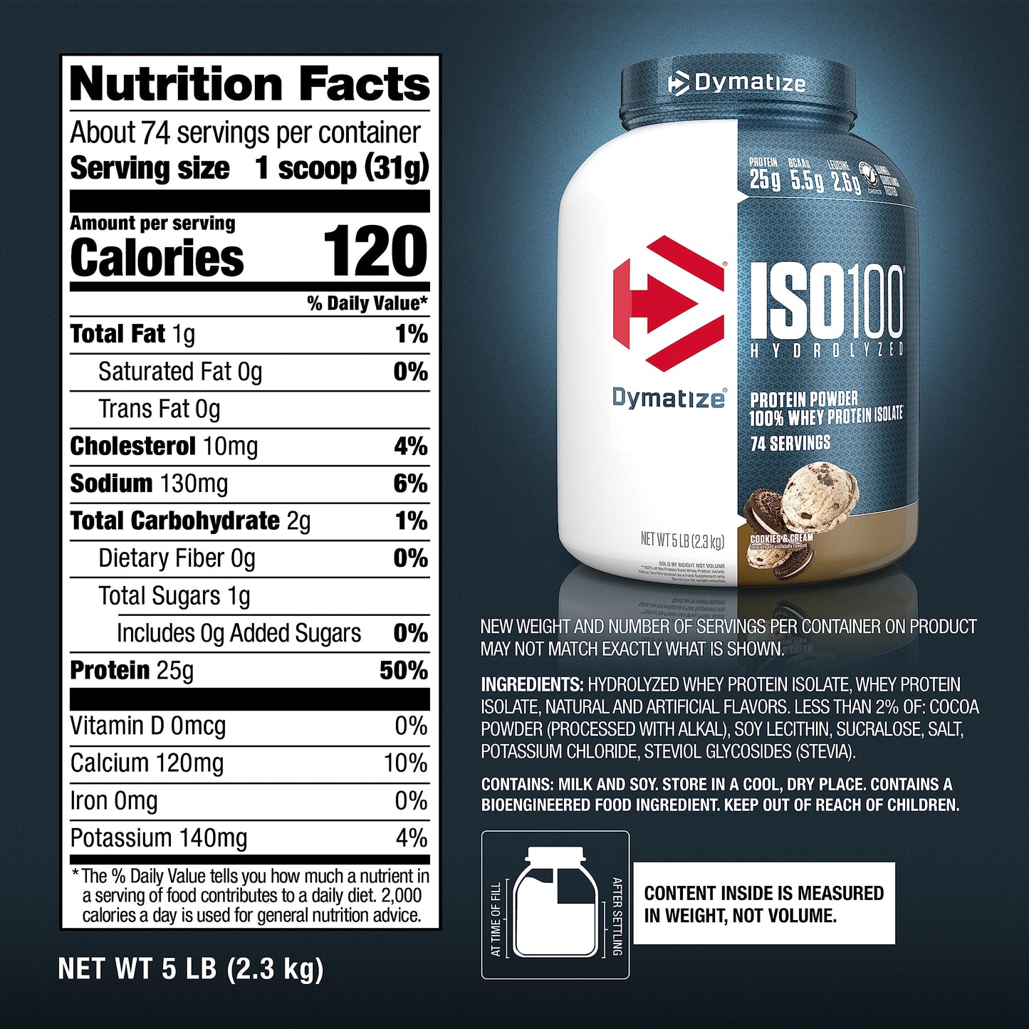 Dymatize ISO100 Whey Protein Isolate – Cookies & Cream, 25g Protein, Under 120 Calories