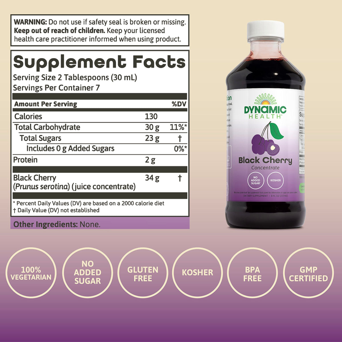 عصير الكرز الأسود المركز النقي من Dynamic Health – غير محلى 100%، 8 أونصة