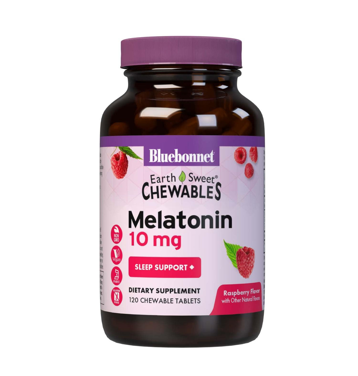 BlueBonnet EarthSweet Melatonin 10 mg - Fast-Acting Nighttime Sleep Support | Gluten-Free & Vegan | Raspberry Flavor | 120 Chewable Tablets