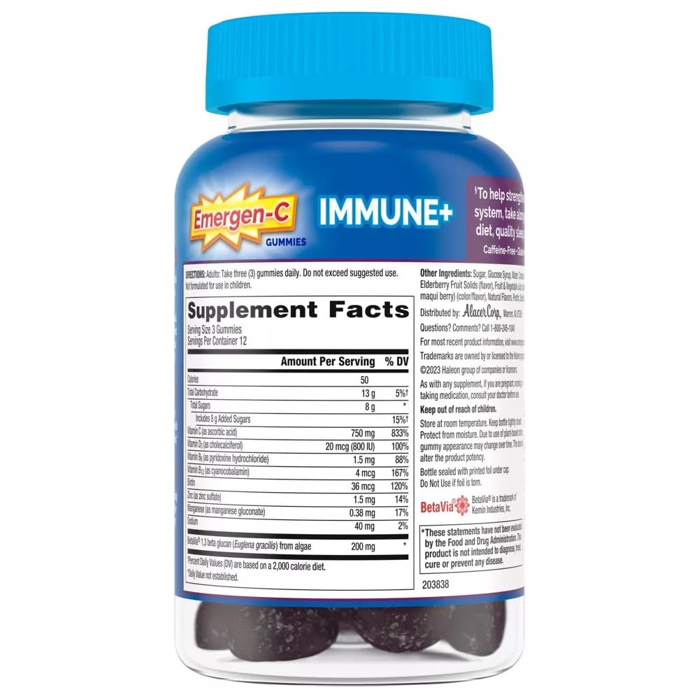 Emergen-C Immune+ Gummies بنكهة التوت - 750 ملجم فيتامين سي، فيتامين د، زنك (36 قطعة)