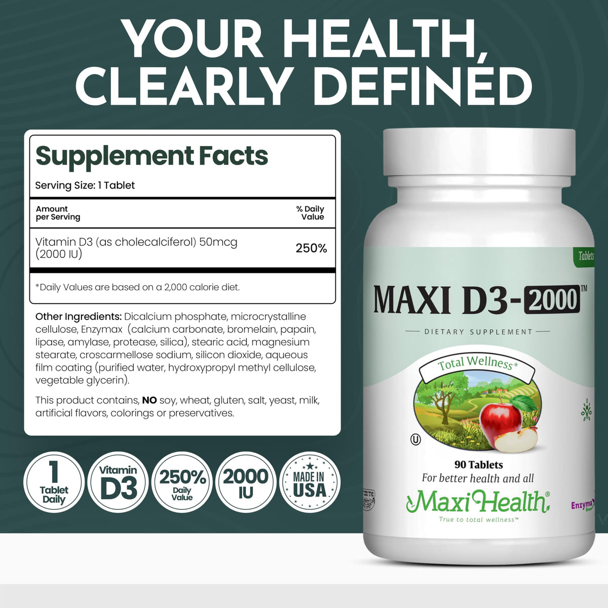 Maxi-Health فيتامين د3 2000 وحدة دولية - لوظيفة عضلية صحية وصحة العظام ودعم المناعي - 90 قرصًا - أفضل مكمل كوشير للبالغين