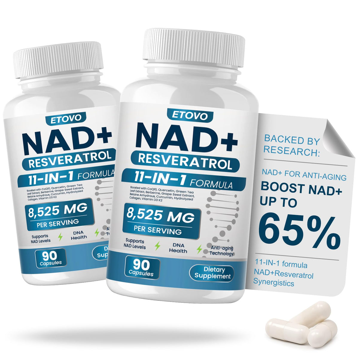 مكمل ETOVO NAD+ – معزز ليبوسومال NAD مع ريسفيراترول وكيرسيتين وكركمين (زجاجتان، 90 كبسولة لكل زجاجة)