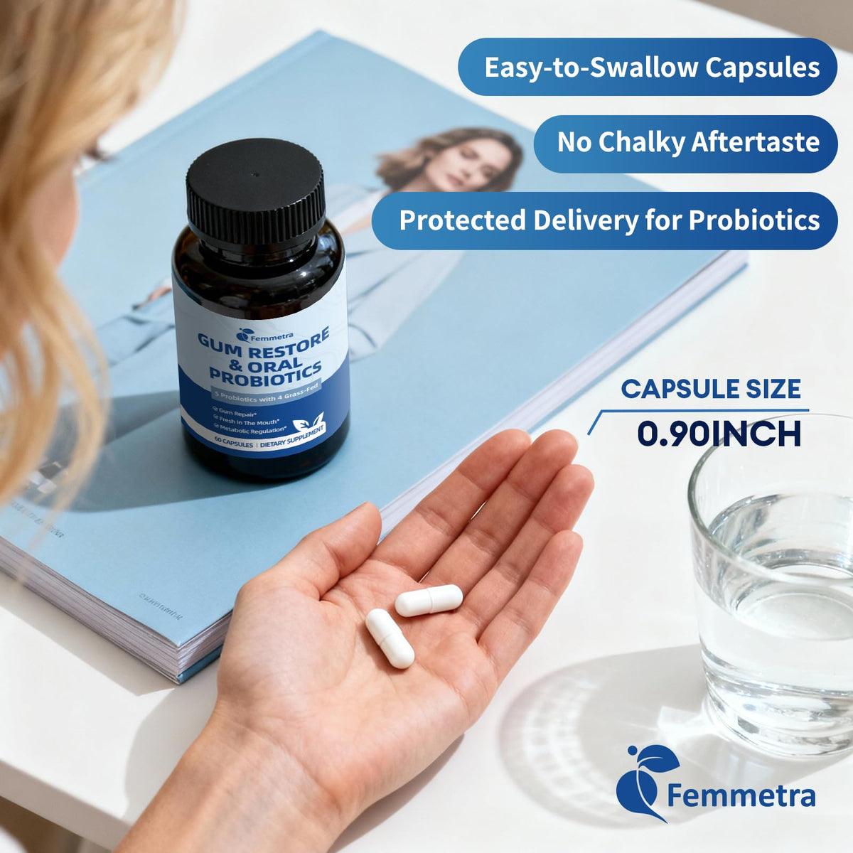 Femmetra Oral Probiotics - دعم رائحة الفم الكريهة واللثة، 10 مليار وحدة تشكيل مستعمرة، 60 كبسولة