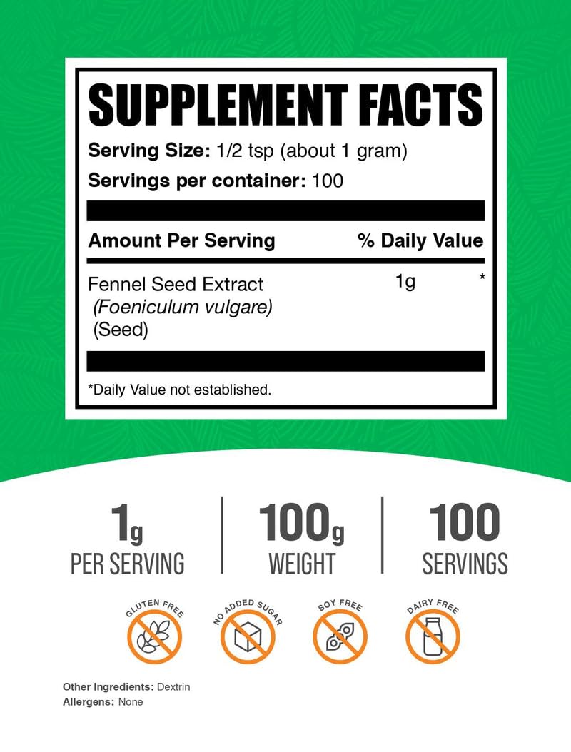 مسحوق مستخلص بذور الشمر - نباتي وخالي من الغلوتين، 100 جرام | BulkSupplements