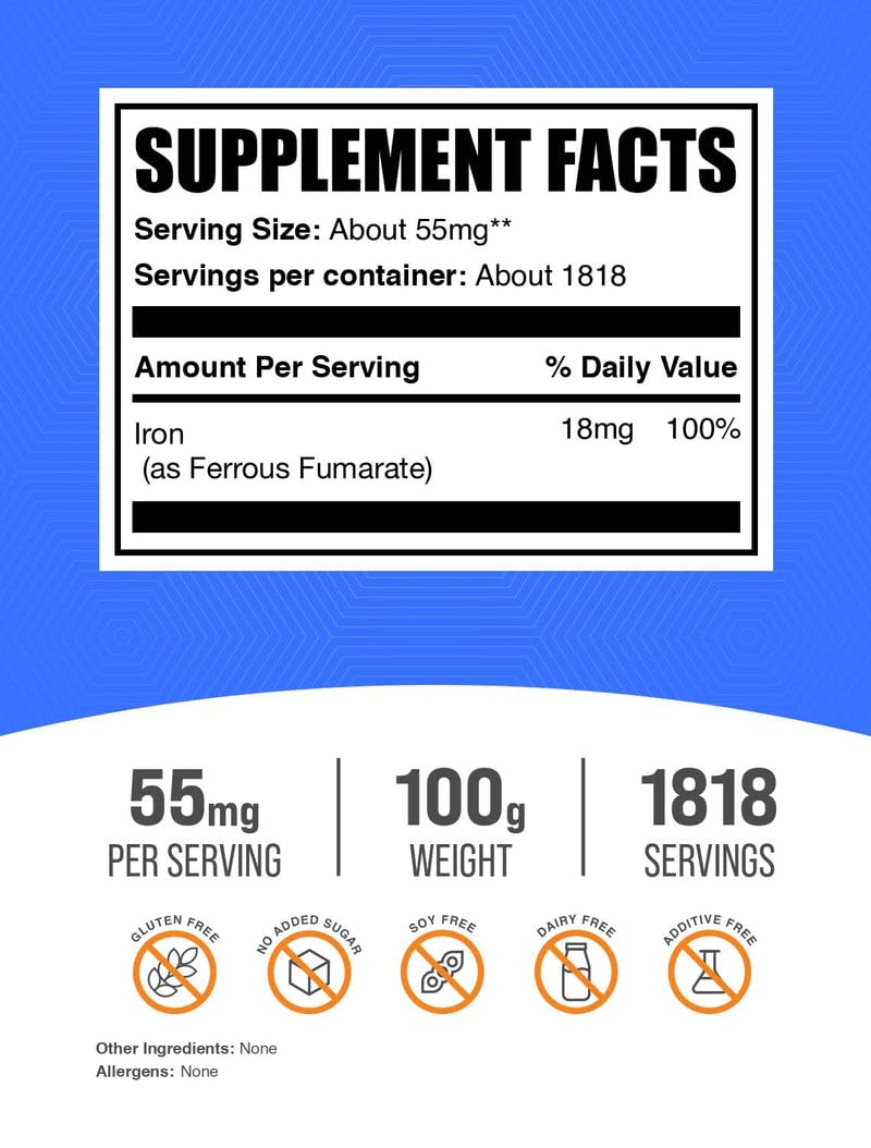 مسحوق فومارات الحديدوز – مكمل حديد، خالٍ من الغلوتين، 55 ملجم لكل جرعة | BulkSupplements