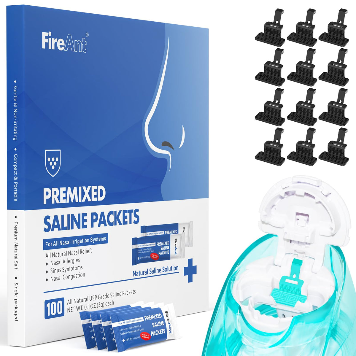 FireAnt 100 bustine di soluzione salina e 12 capsule in silicone per la cura nasale Navage