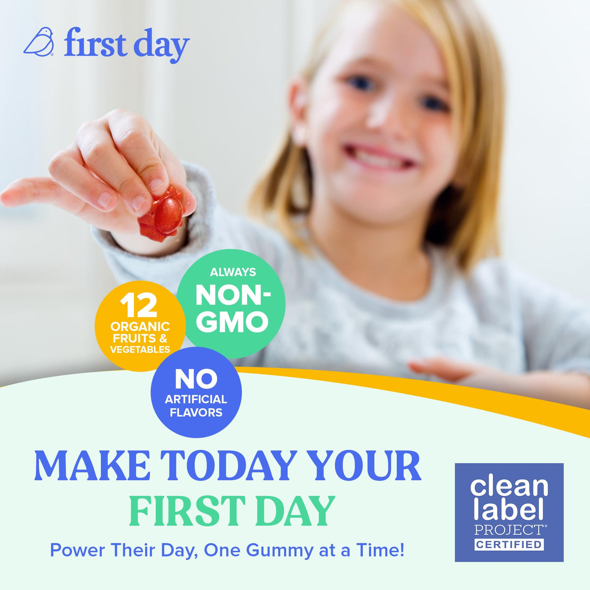 First Day Kids Multivitamin Gummies Age 4+, Strawberry & Orange - Kids Vitamins Multivitamin Gummy A C D3 K2 B1 B2 B6 B12 Folate, Immunity & Brain Function, Vegan - 30 Day Supply, Packaging May Vary