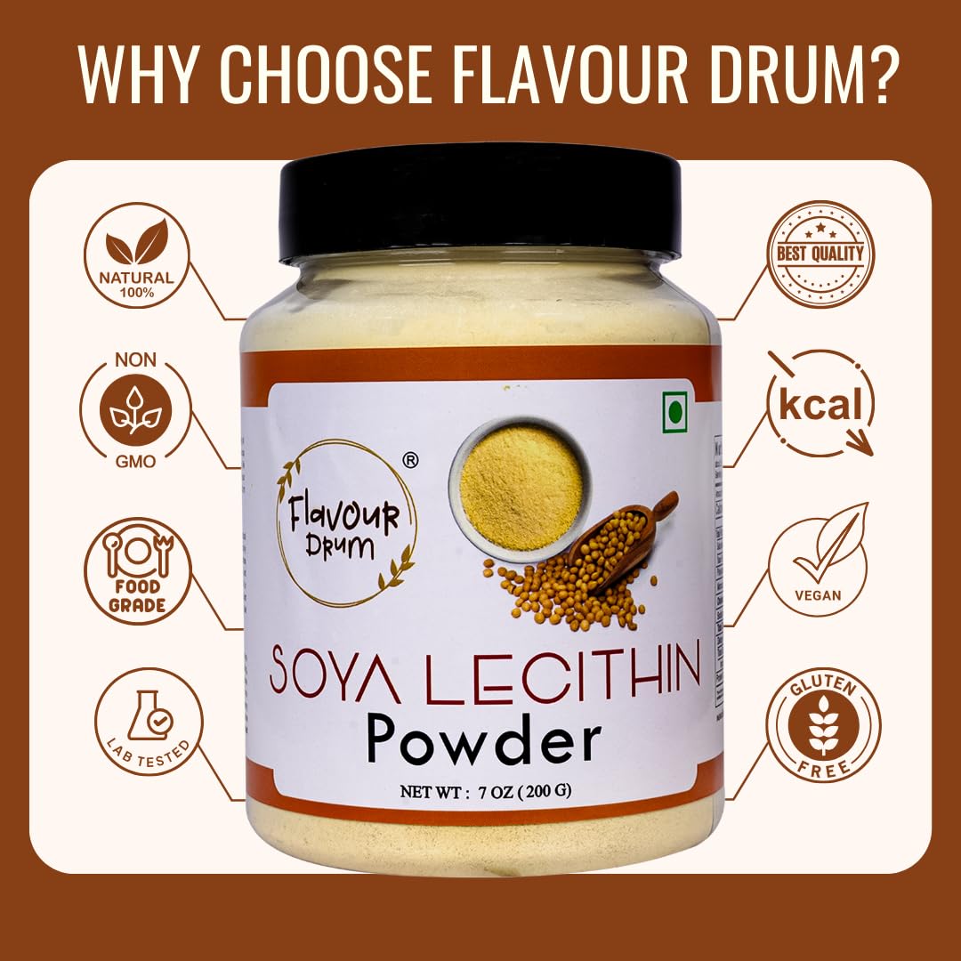 Flavour Drum مسحوق ليسيثين الصويا 200 جم (7 أونصة) | مستحلب نباتي نقي 100% | ليسيثين الصويا غير المعدل وراثيًا للخبز وصنع الشوكولاتة والصلصات ووصفات الكيتو | نباتي وخالي من الغلوتين | بدون إضافات