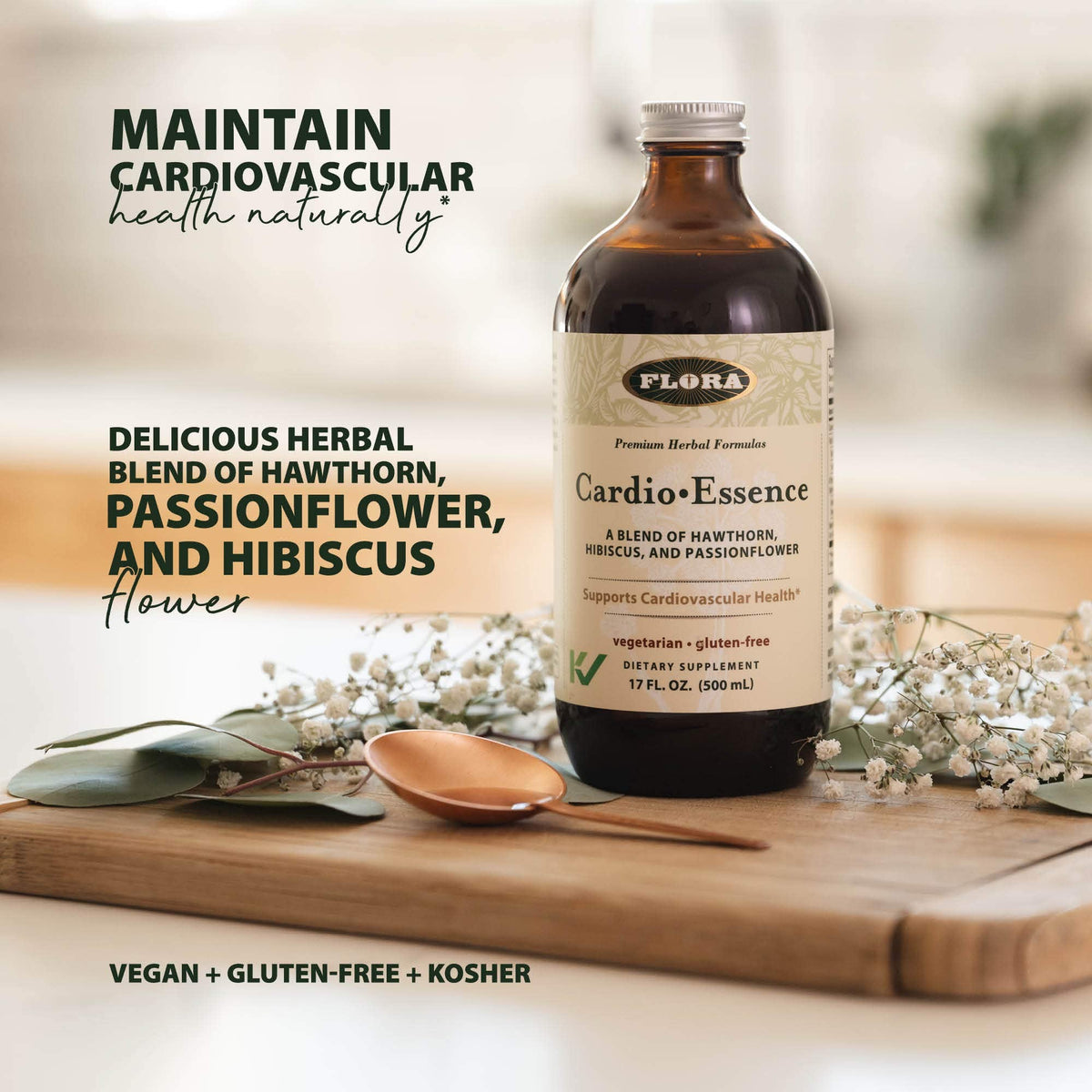 Flora Cardio-Essence: Hawthorn, Hibiscus & Passionflower Tonic β Gluten Free, Vegan, 17 oz Glass Bottle