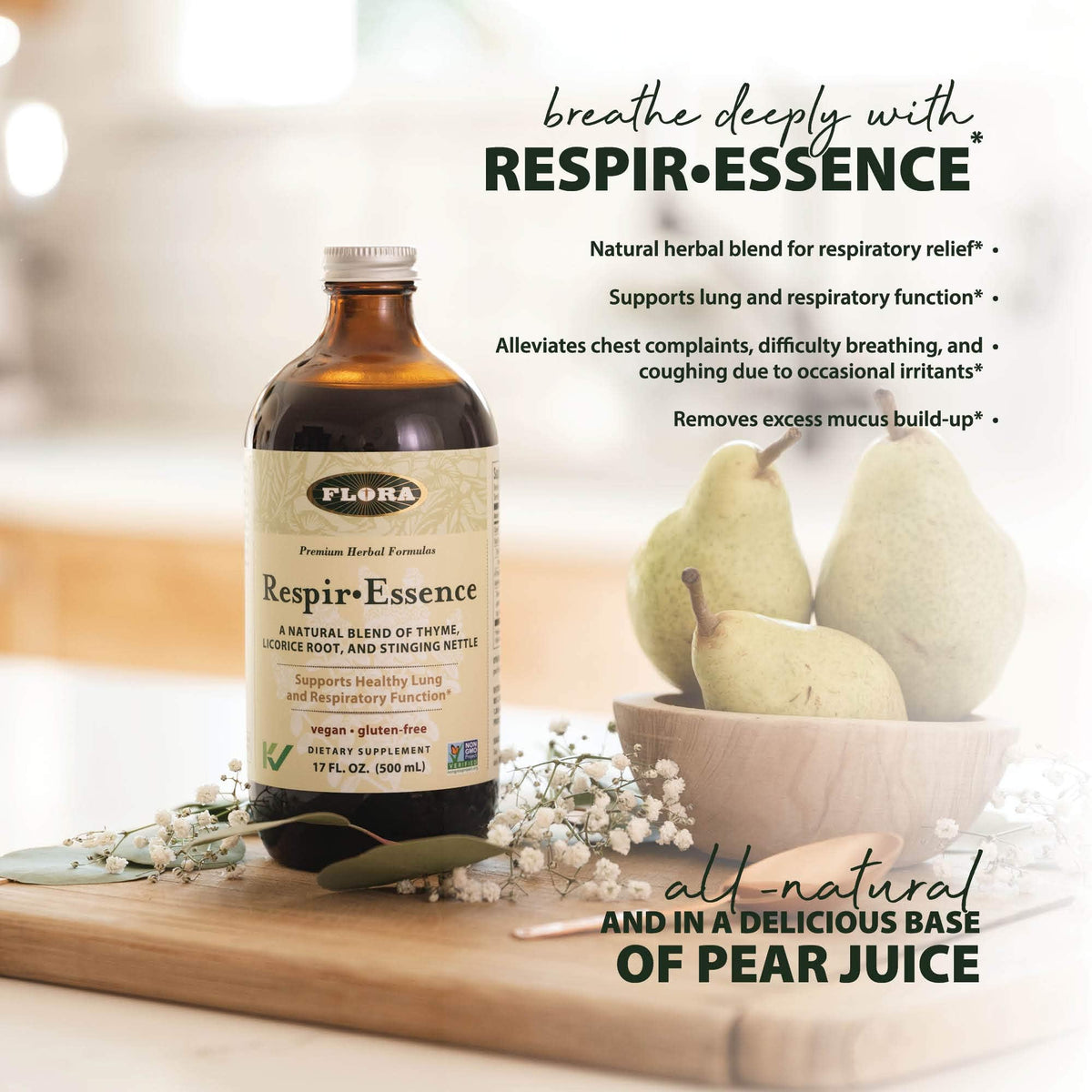 Flora Respir-Essence – دعم الرئة، 17 أونصة | نباتي، خالٍ من الغلوتين، كوشر