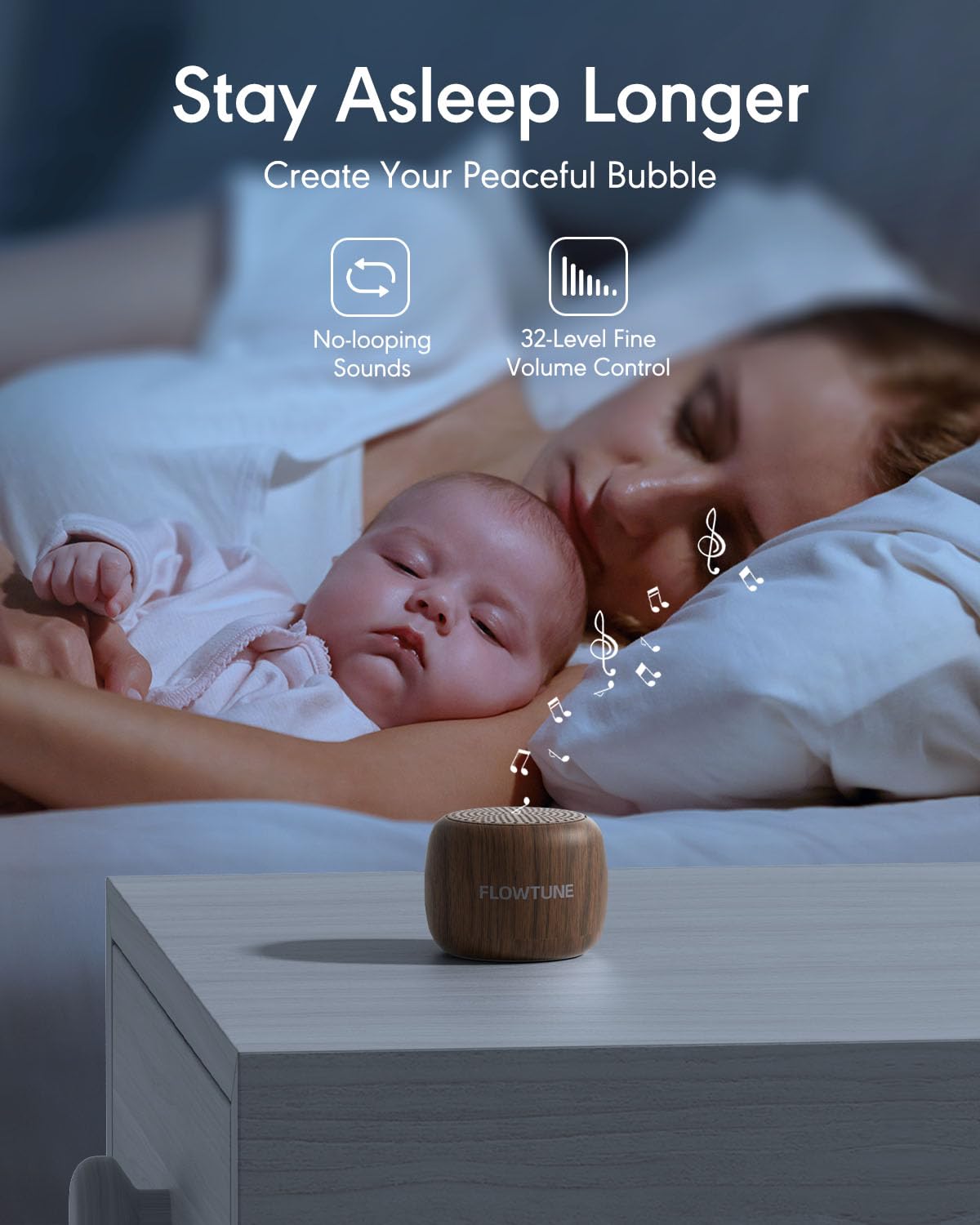 Flowtune Mini Portable White Noise Machine β 18 Sleep Sounds, 6H Timer, Wood Grain