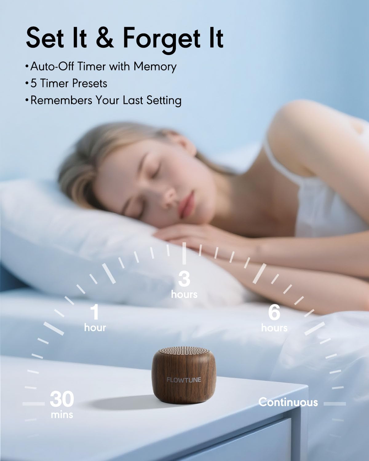 Flowtune Mini Portable White Noise Machine β 18 Sleep Sounds, 6H Timer, Wood Grain