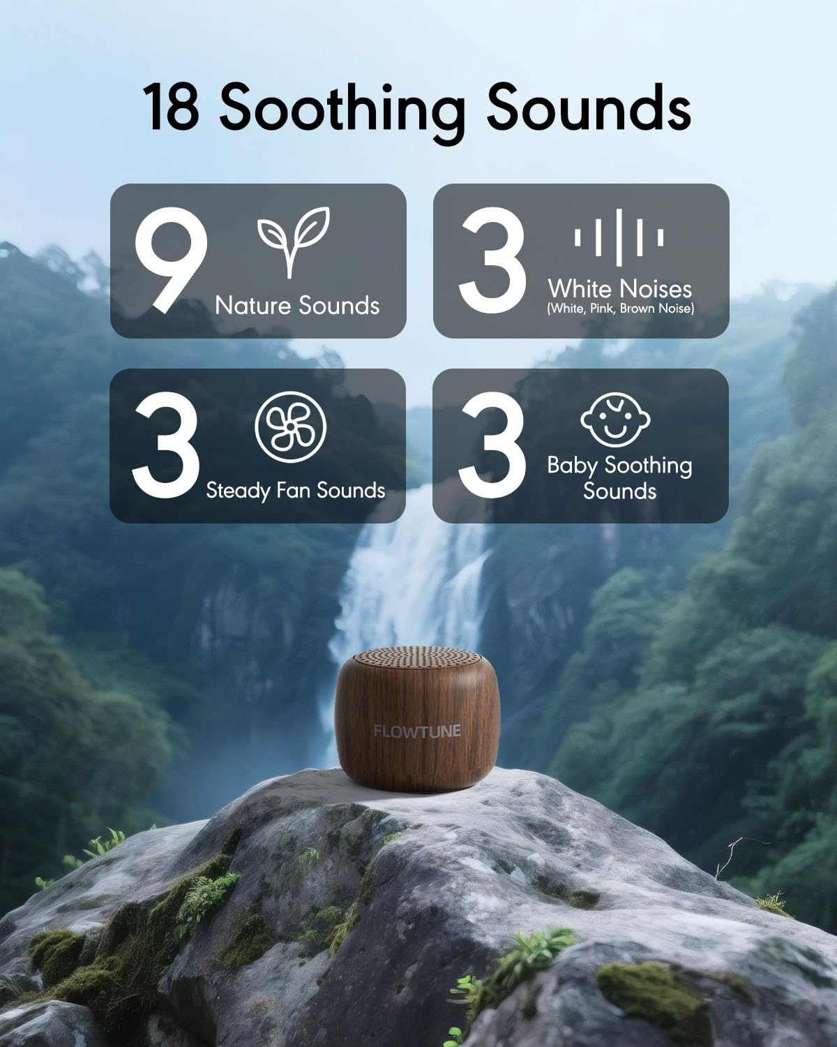 Flowtune Mini Portable White Noise Machine β 18 Sleep Sounds, 6H Timer, Wood Grain