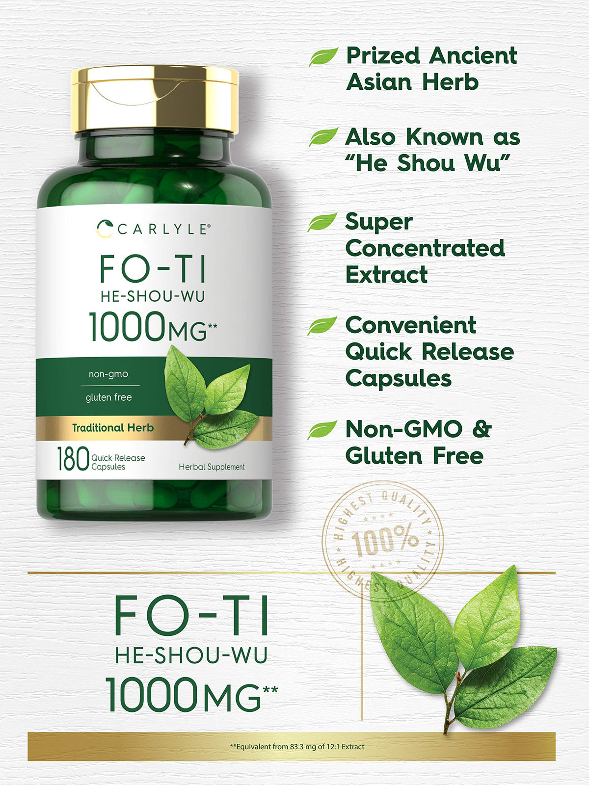 Carlyle Fo-Ti 1000mg – 180 كبسولة | جذر هي شو وو | مكمل عشبي تقليدي | غير معدل وراثيًا وخالي من الغلوتين
