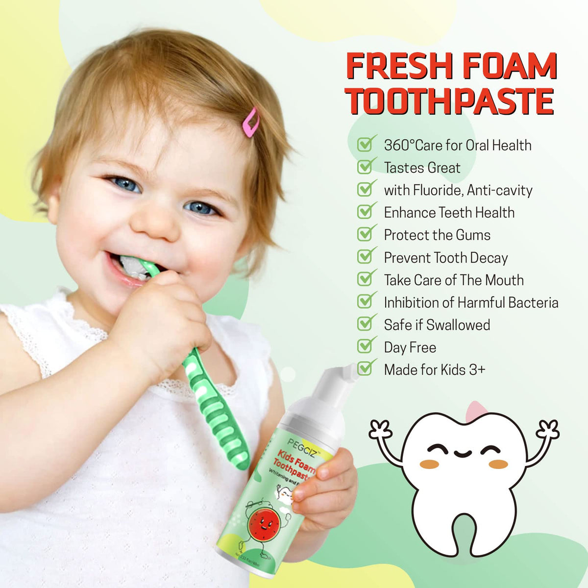 Kids Foam Toothpaste β Fruit-Flavored Fluoride Toddler Paste for U-Shape & Electric Toothbrushes | 360ΒΊCare