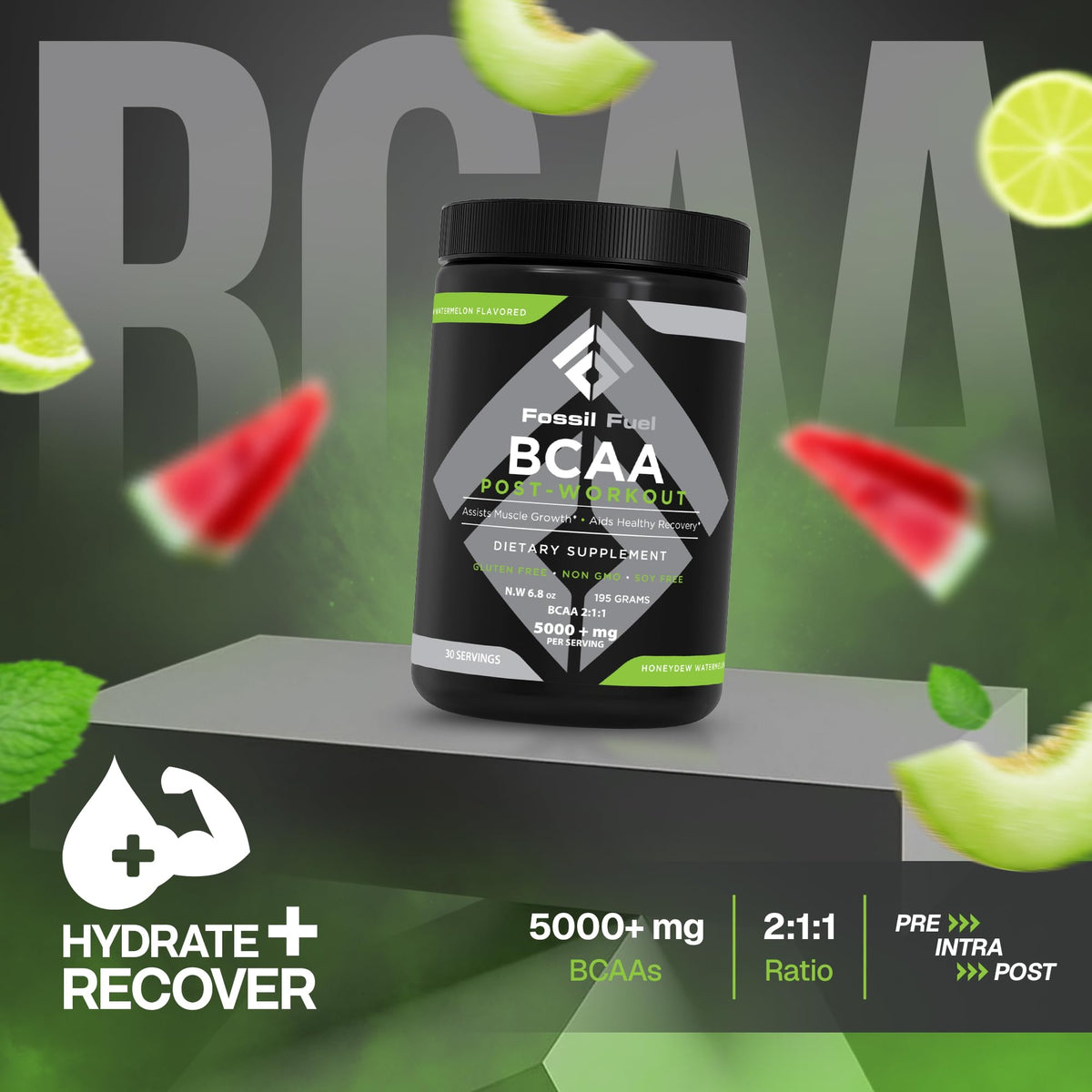 مسحوق الأحماض الأمينية متفرعة السلسلة (BCAA) الخالي من السكر من فوسيل فيول – تعافي بعد التمرين (30 حصة) | شمام بالبطيخ