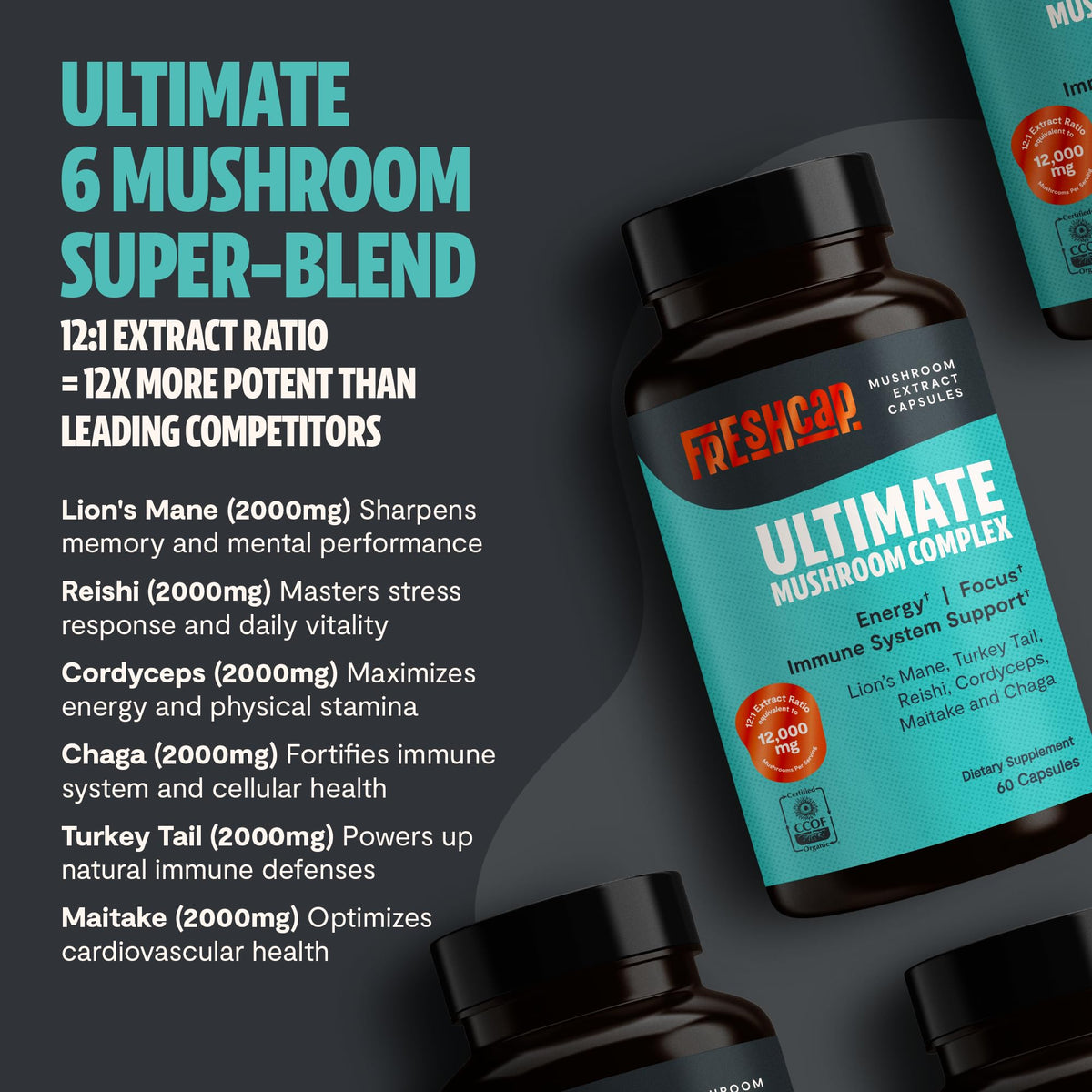 FreshCap Mushrooms Ultimate مركب 12,000 ملغ – دعم ذهني منشط للذاكرة (60 كبسولة)