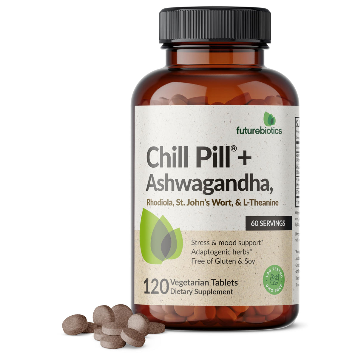Futurebiotics Chill Pill + Ashwagandha, Rhodiola, St. John’s Wort, & L-Theanine - Non-GMO, 120 Vegetarian Tablets
