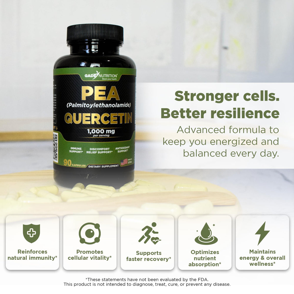 Gade Nutrition بالميتويليثانولاميد PEA + فيتوزوم كيرسيتين | 800 ملغ PEA، 200 ملغ كيرسيتين | صنع في الولايات المتحدة الأمريكية
