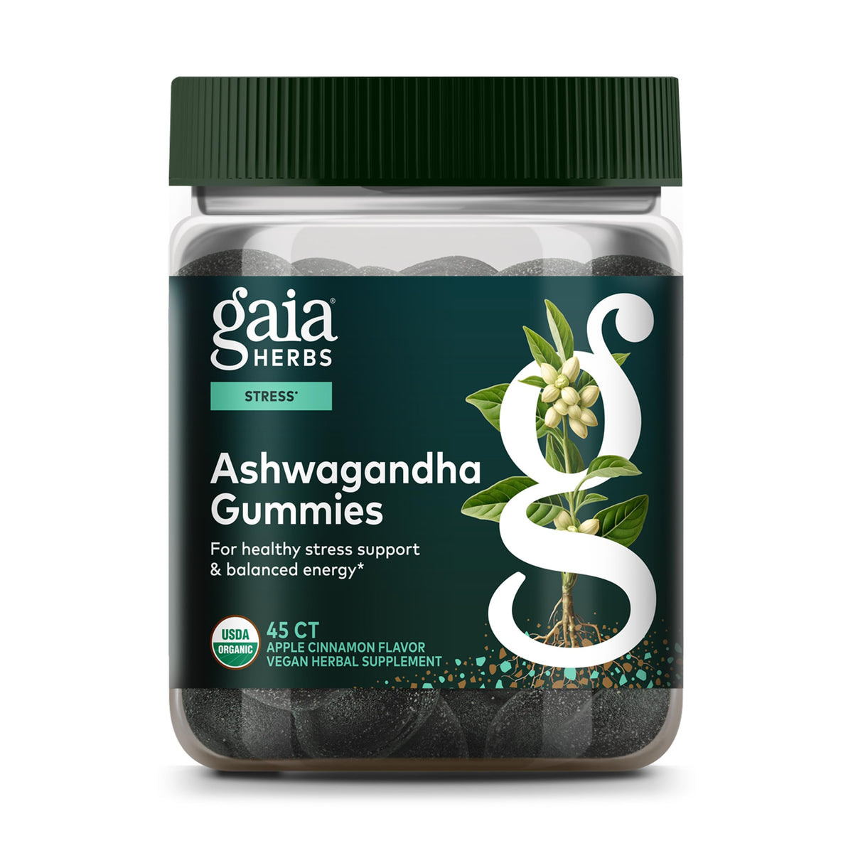 Gaia Herbs أقراص أشواغاندا عضوية قابلة للمضغ - دعم التوتر* | بالقرفة والزنجبيل - خالية من الغلوتين ونباتية - 45 قطعة