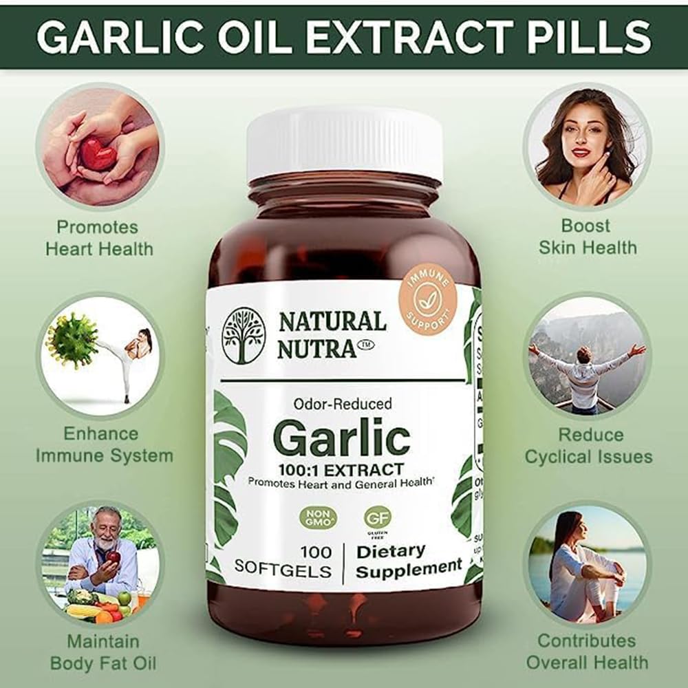 Natural Nutra زيت الثوم بدون رائحة 500 ملجم – 100 كبسولة هلامية | لصحة القلب والمناعة والبشرة