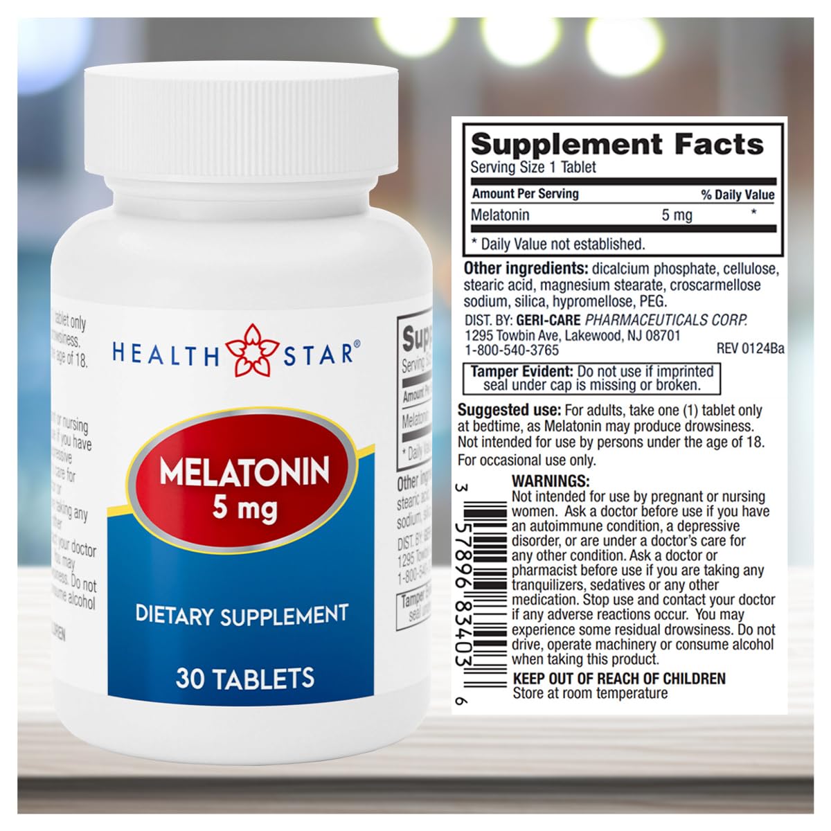 GeriCare Melatonin 5mg β Sleep Aid for Nighttime Routine, 30 Count