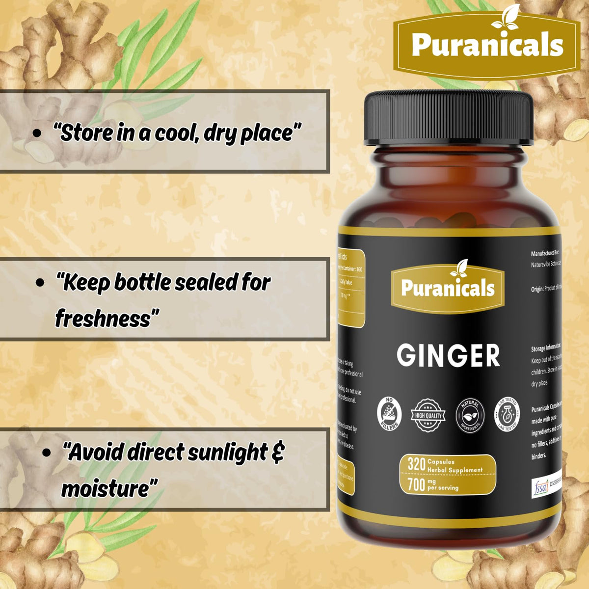 Puranicals Ginger Premium 320 Capsules β Non-GMO, Gluten Free, 700 mg per Serving, 100% Pure Ginger Root Powder