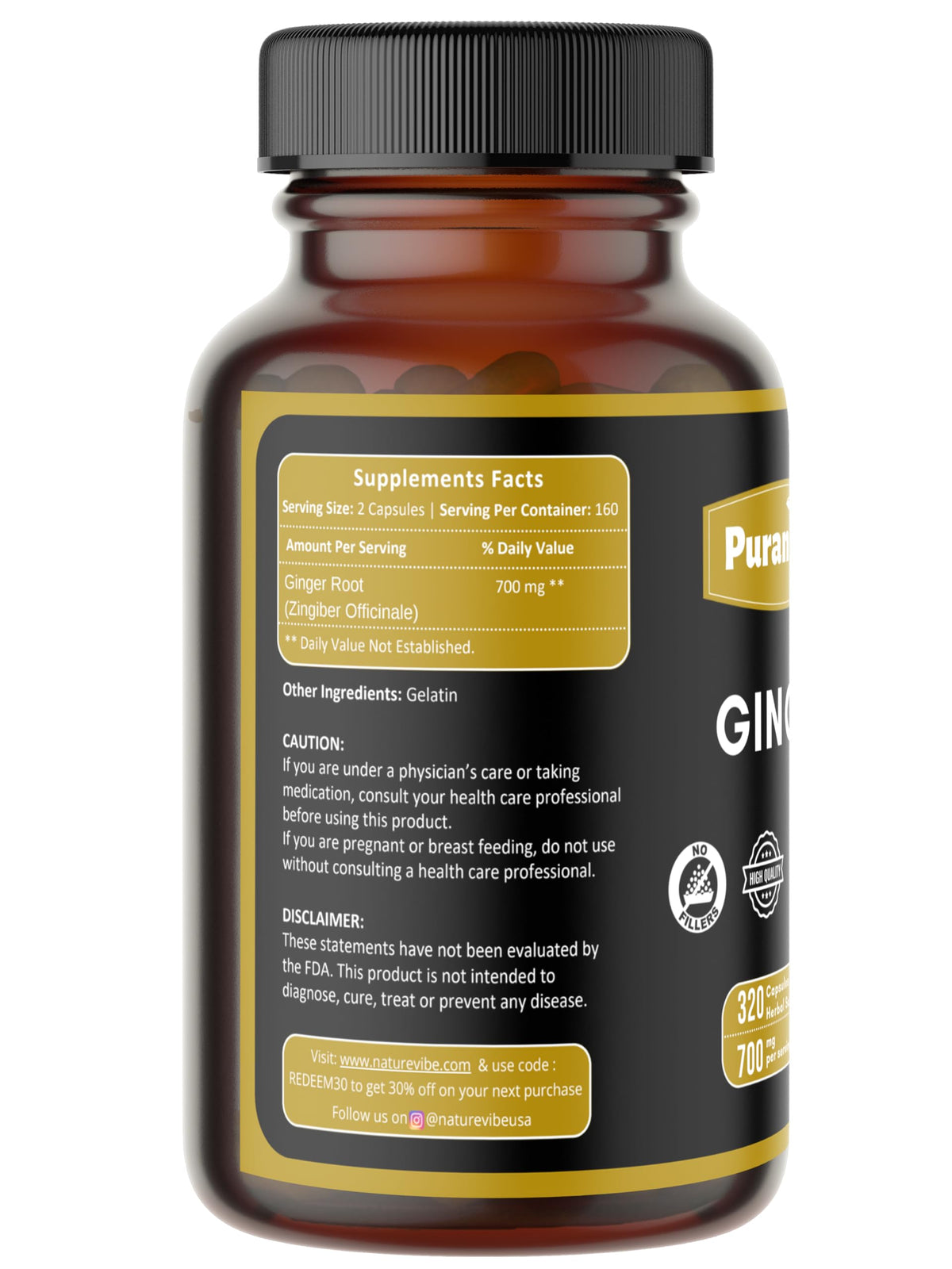 Puranicals Ginger Premium 320 Capsules β Non-GMO, Gluten Free, 700 mg per Serving, 100% Pure Ginger Root Powder
