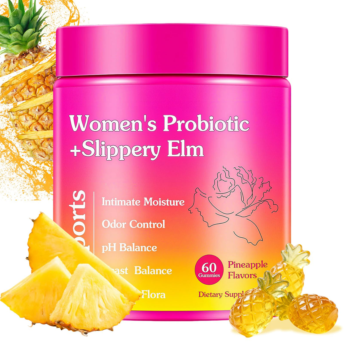 Glowshave Her Juicy Feminine Probiotics Gummies للنساء، بنكهة الأناناس مع الدردار الزلق - 60 قطعة علكة