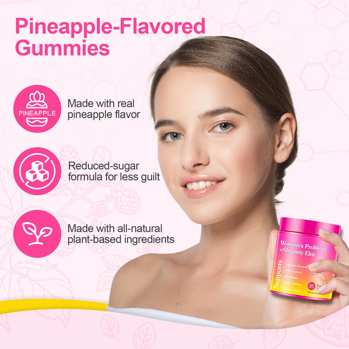 Glowshave Her Juicy Feminine Probiotics Gummies للنساء، بنكهة الأناناس مع الدردار الزلق - 60 قطعة علكة