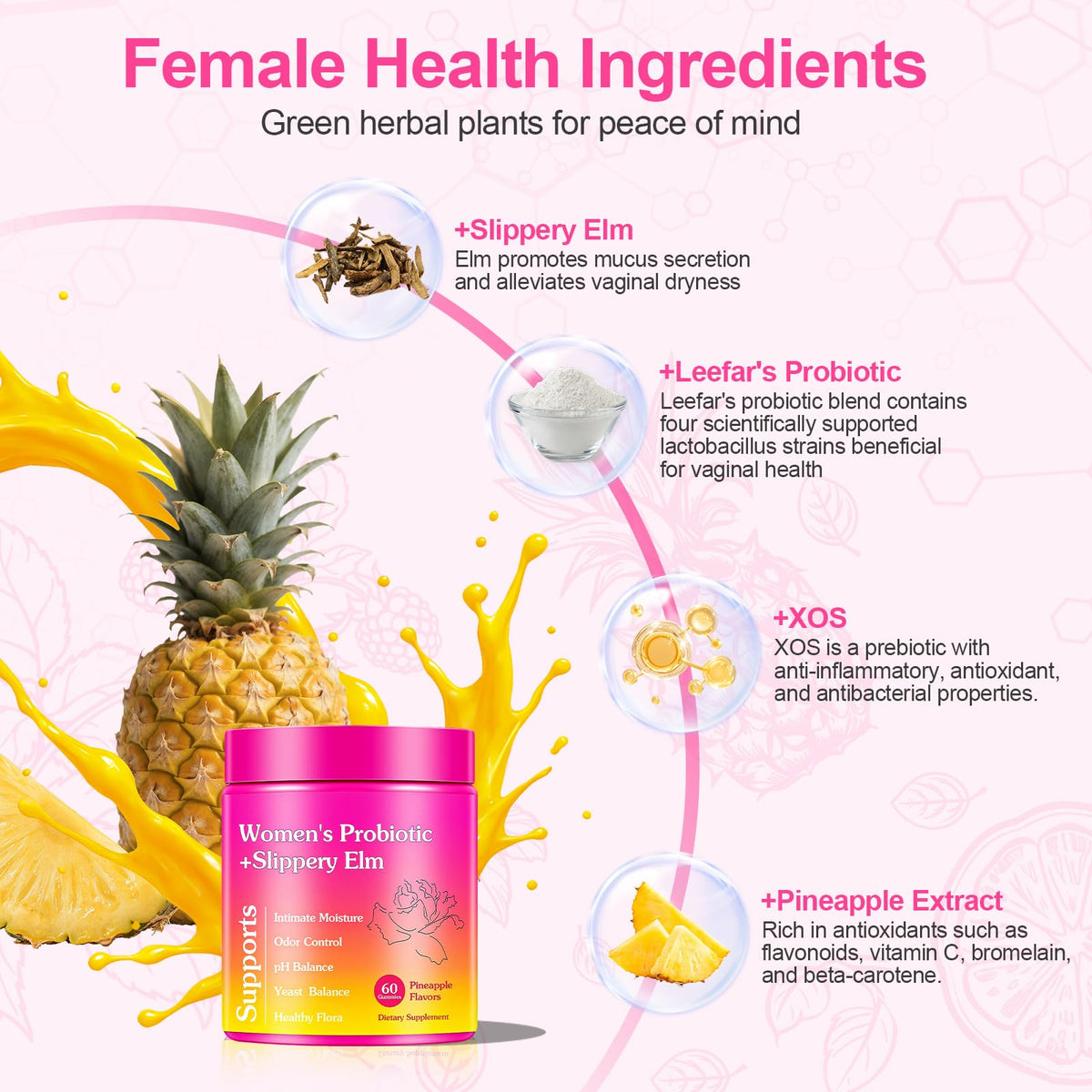 Glowshave Her Juicy Feminine Probiotics Gummies للنساء، بنكهة الأناناس مع الدردار الزلق - 60 قطعة علكة