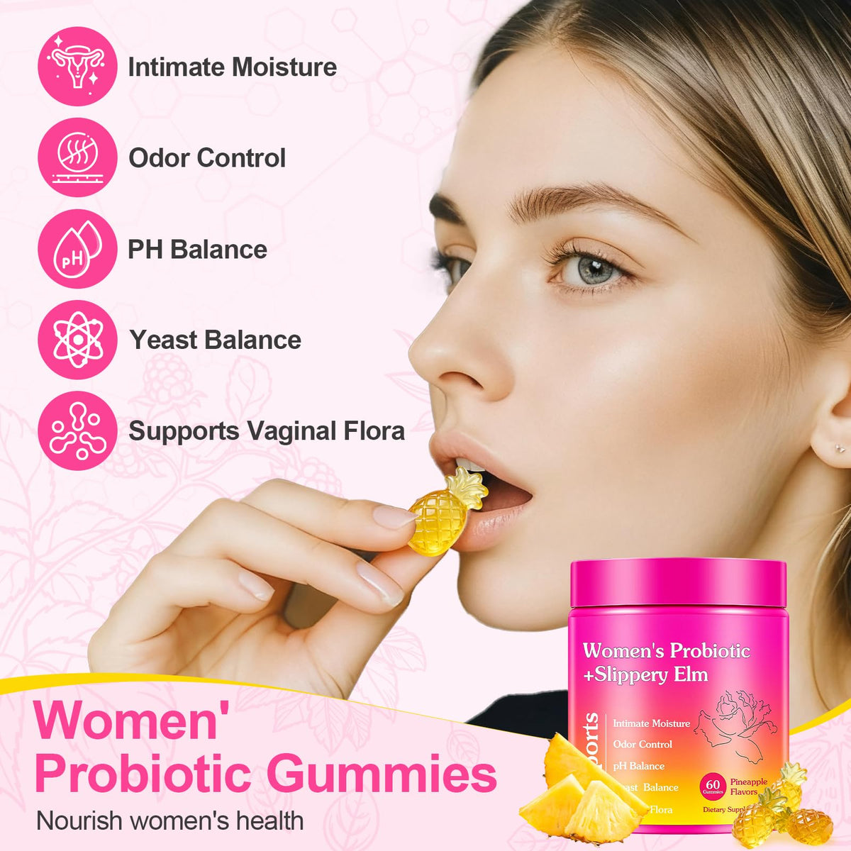 Glowshave Her Juicy Feminine Probiotics Gummies للنساء، بنكهة الأناناس مع الدردار الزلق - 60 قطعة علكة
