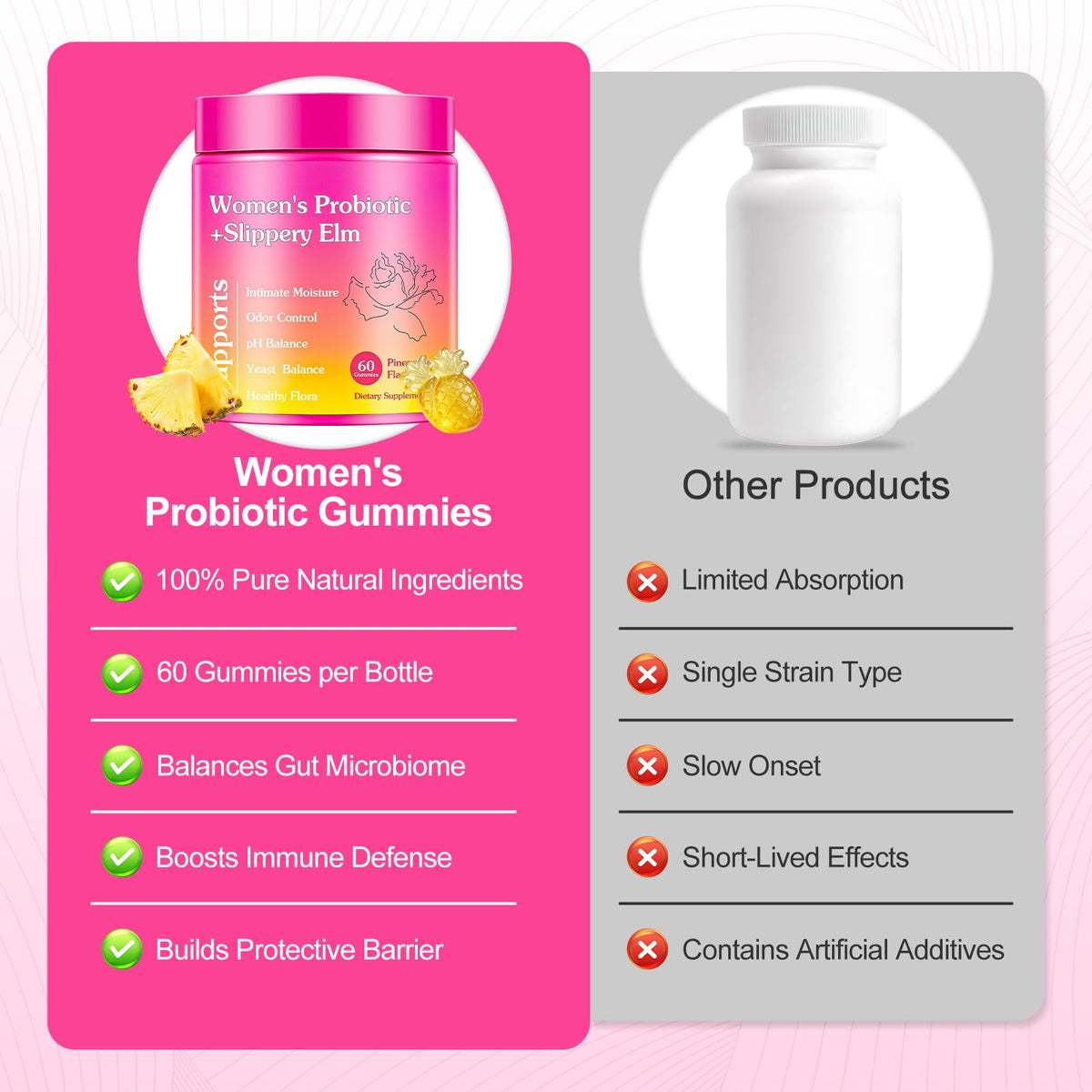 Glowshave Her Juicy Feminine Probiotics Gummies للنساء، بنكهة الأناناس مع الدردار الزلق - 60 قطعة علكة