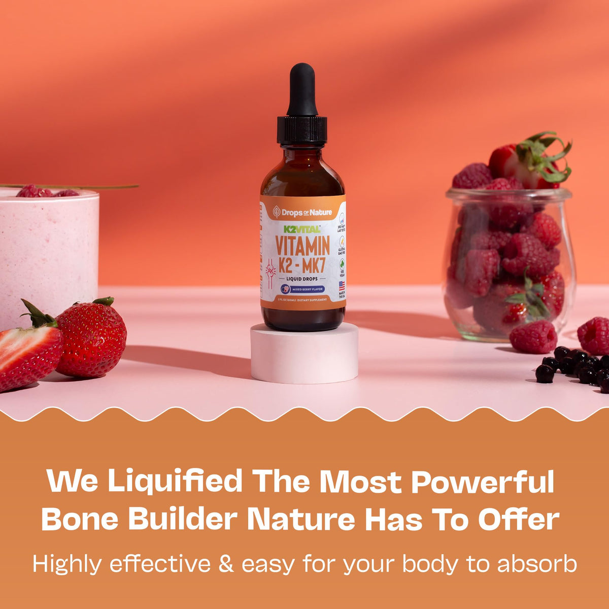 Vitamin K2 MK7 Liquid β 100 mcg, Vegan & Non-GMO, 60ml Berry Flavor | Bone & Cardiovascular Support