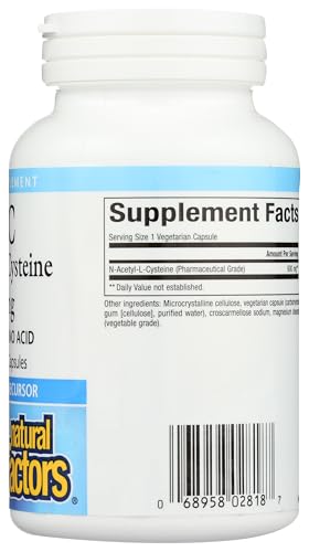 Natural Factors NAC 600 mg – إن-أسيتيل-إل-سيستين لدعم المناعة وصحة الكبد والرئة | 60 كبسولة نباتية
