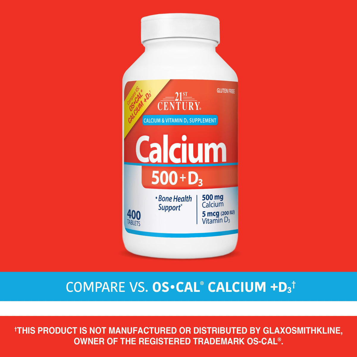 21st Century Calcium 500 mg + D3 Tablets - 400 Count | Bone Health Supplement