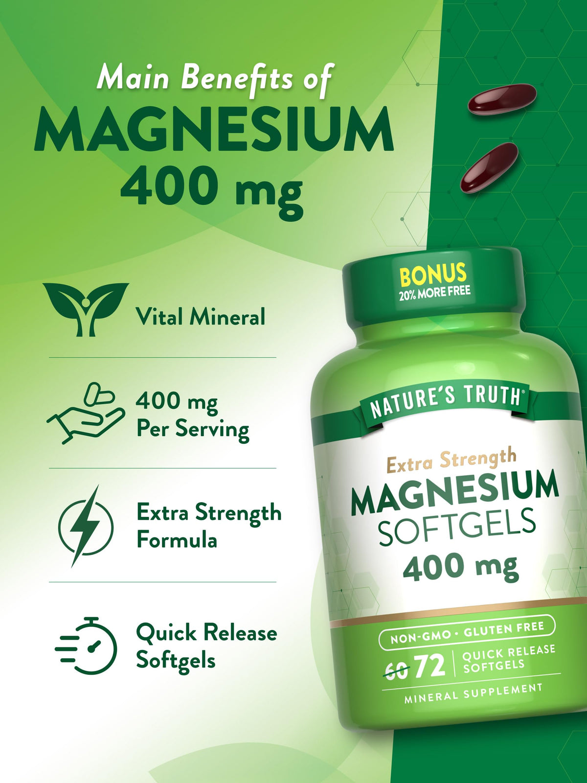 Nature's Truth Magnesium 400mg – 72 كبسولة هلامية | قوة مضاعفة، غير معدّل وراثيًا، خالٍ من الغلوتين