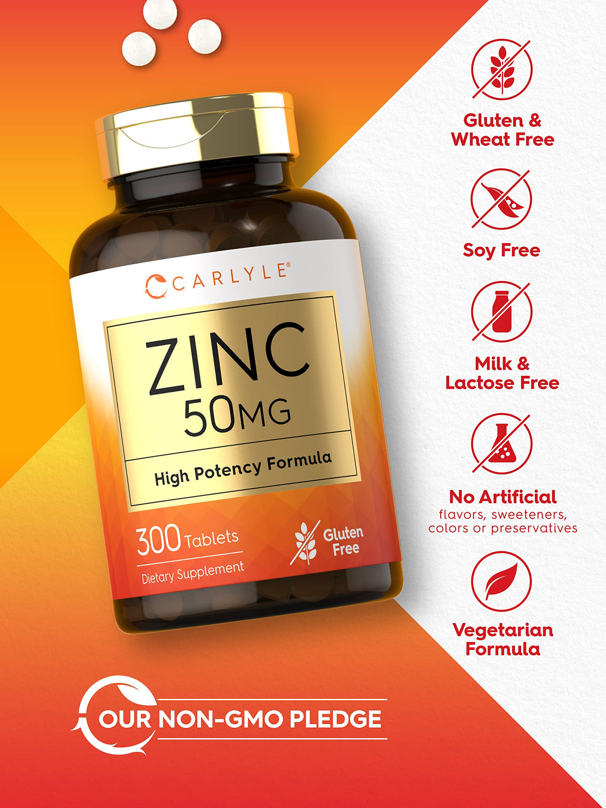 Carlyle Zinc 50mg β 300 Tablets | Vegetarian, Non-GMO, Gluten Free | Zinc Gluconate | High Potency