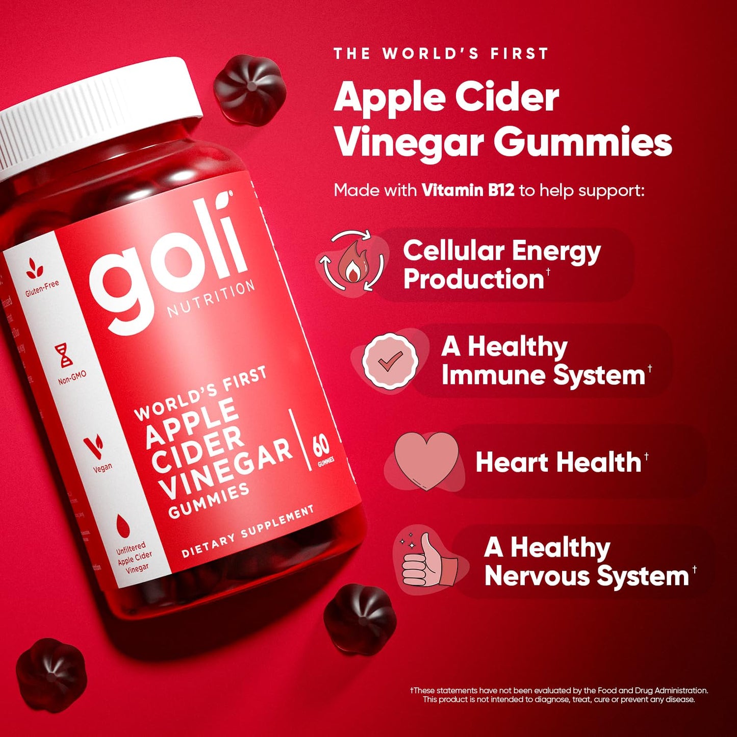 Goli Apple Cider Vinegar Gummy Vitamins – 60 Count | Vegan, Gluten-Free, Gelatin-Free, Non-GMO, Vitamin B12