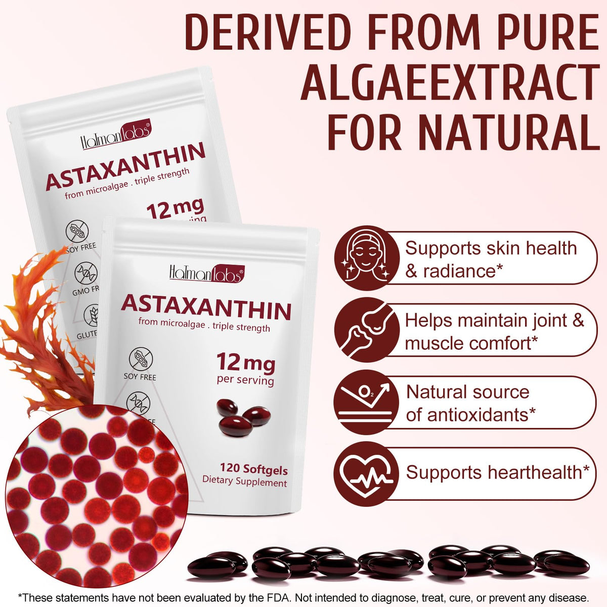 Astaxantina 12mg Softgel – Antiossidante a Tripla Concentrazione per Supporto di Occhi, Pelle, Cervello e Immunità | 120 Capsule