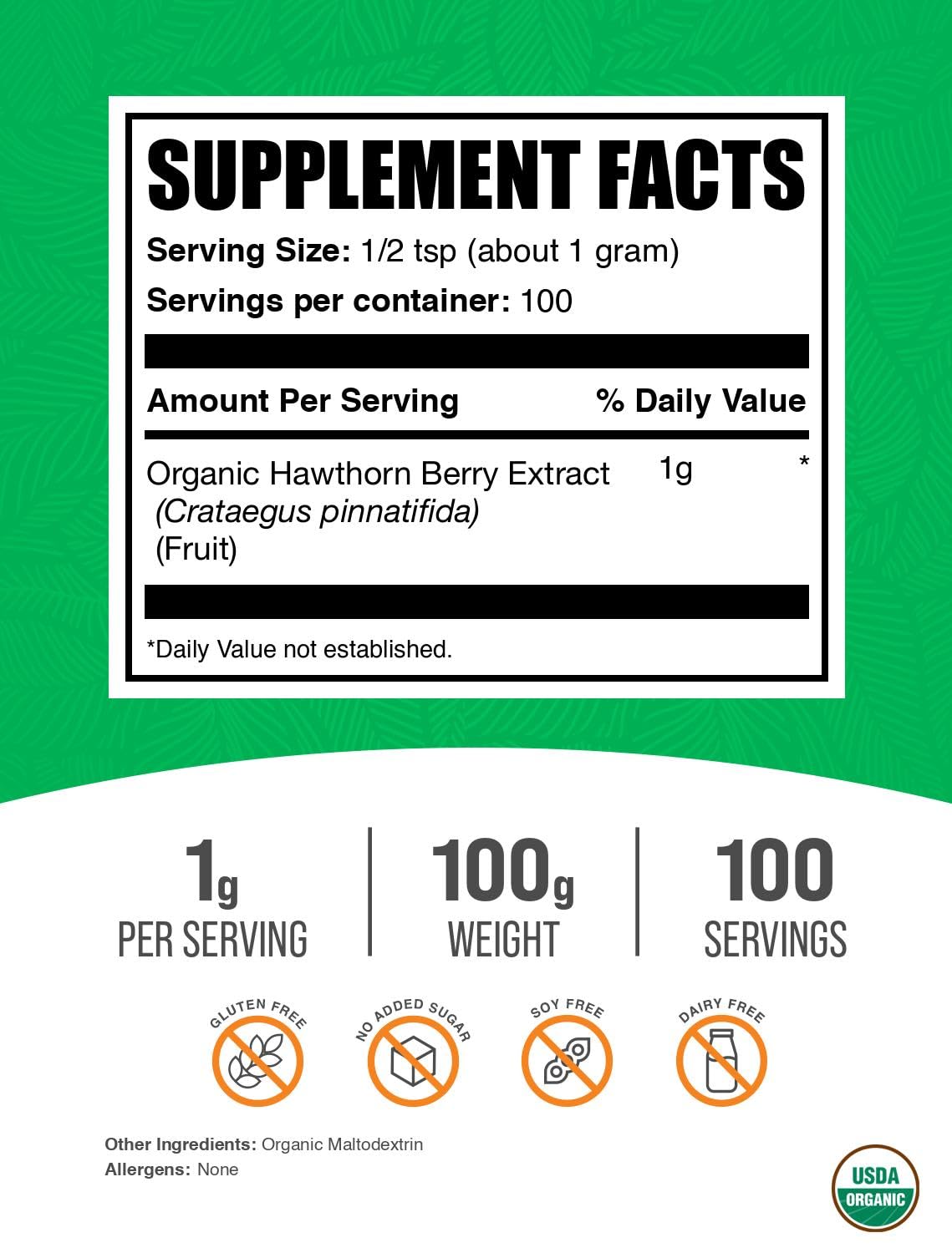 BulkSupplements Hawthorn Berry Extract Powder β Herbal & Gluten Free (100 g, 1 g/serving)