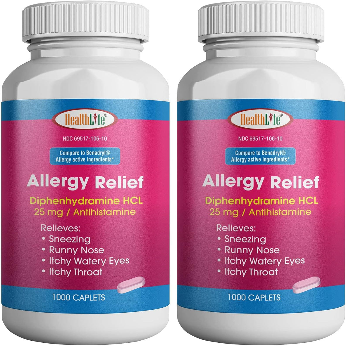 HEALTH LFE Allergy Relief Caplets 25 mg Diphenhydramine HCl – Pack of 2 (2000 Count) for Children & Adults