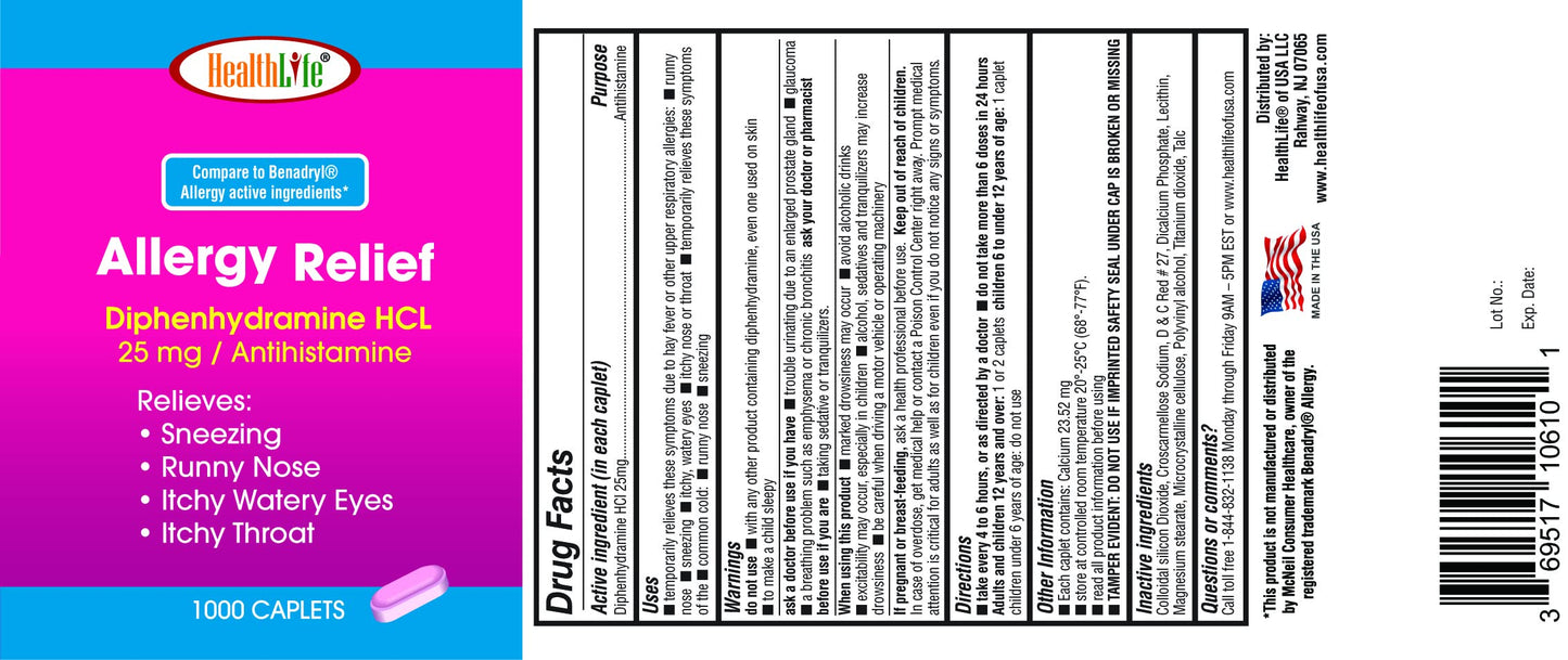 HEALTH LFE Allergy Relief Caplets 25 mg Diphenhydramine HCl – Pack of 2 (2000 Count) for Children & Adults