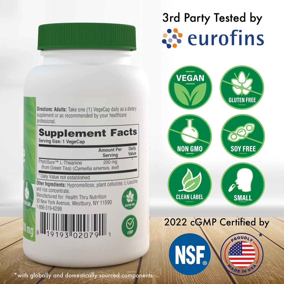 Health Thru Nutrition إل-ثيانين 200 ملجم 60 كبسولة نباتية معتمدة من PhytoSure | يدعم الاسترخاء الصحي والتركيز | تم اختباره من طرف ثالث | مكونات نظيفة، غير معدل وراثيًا، خالٍ من الغلوتين والصويا، لا يسبب الحساسية