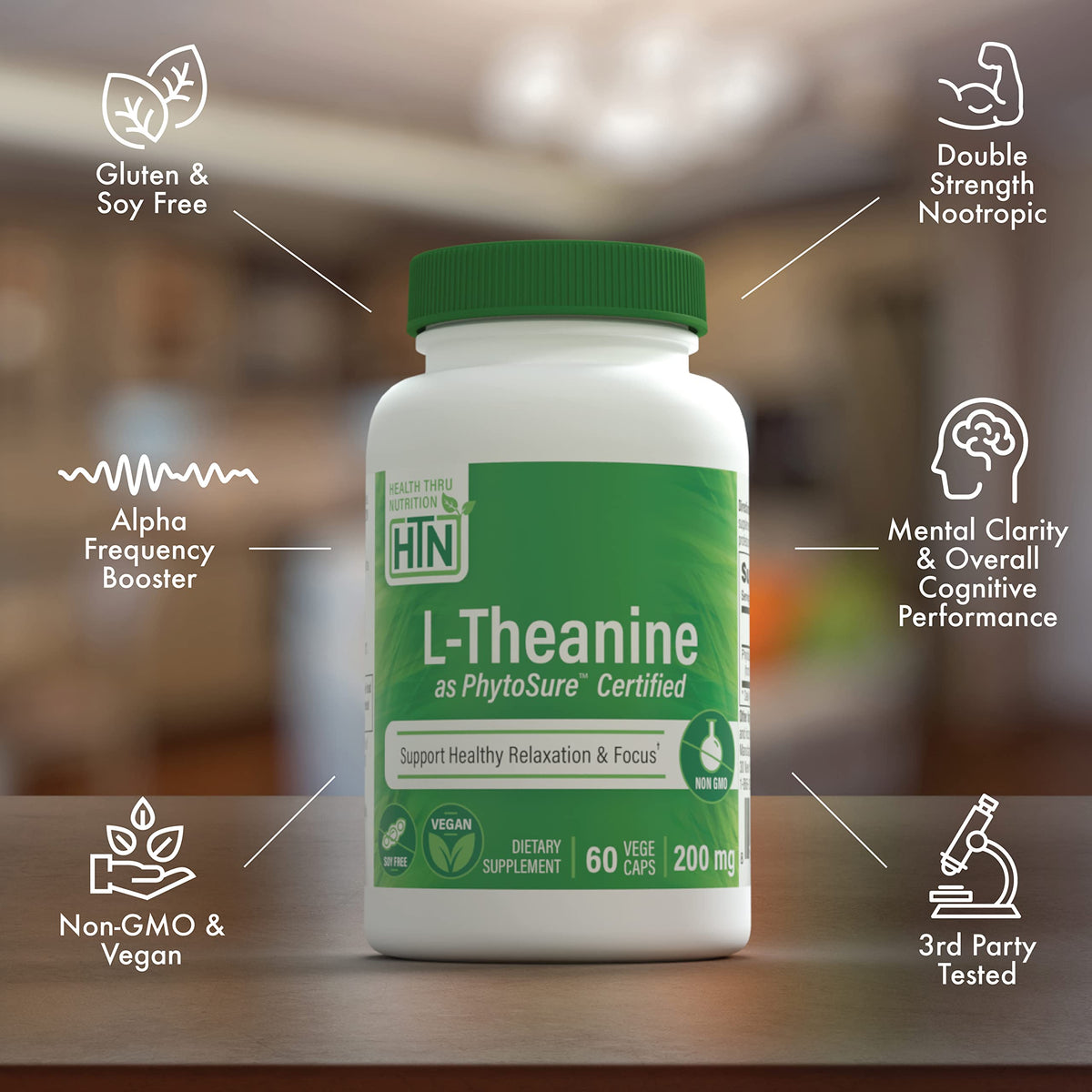 Health Thru Nutrition إل-ثيانين 200 ملجم 60 كبسولة نباتية معتمدة من PhytoSure | يدعم الاسترخاء الصحي والتركيز | تم اختباره من طرف ثالث | مكونات نظيفة، غير معدل وراثيًا، خالٍ من الغلوتين والصويا، لا يسبب الحساسية