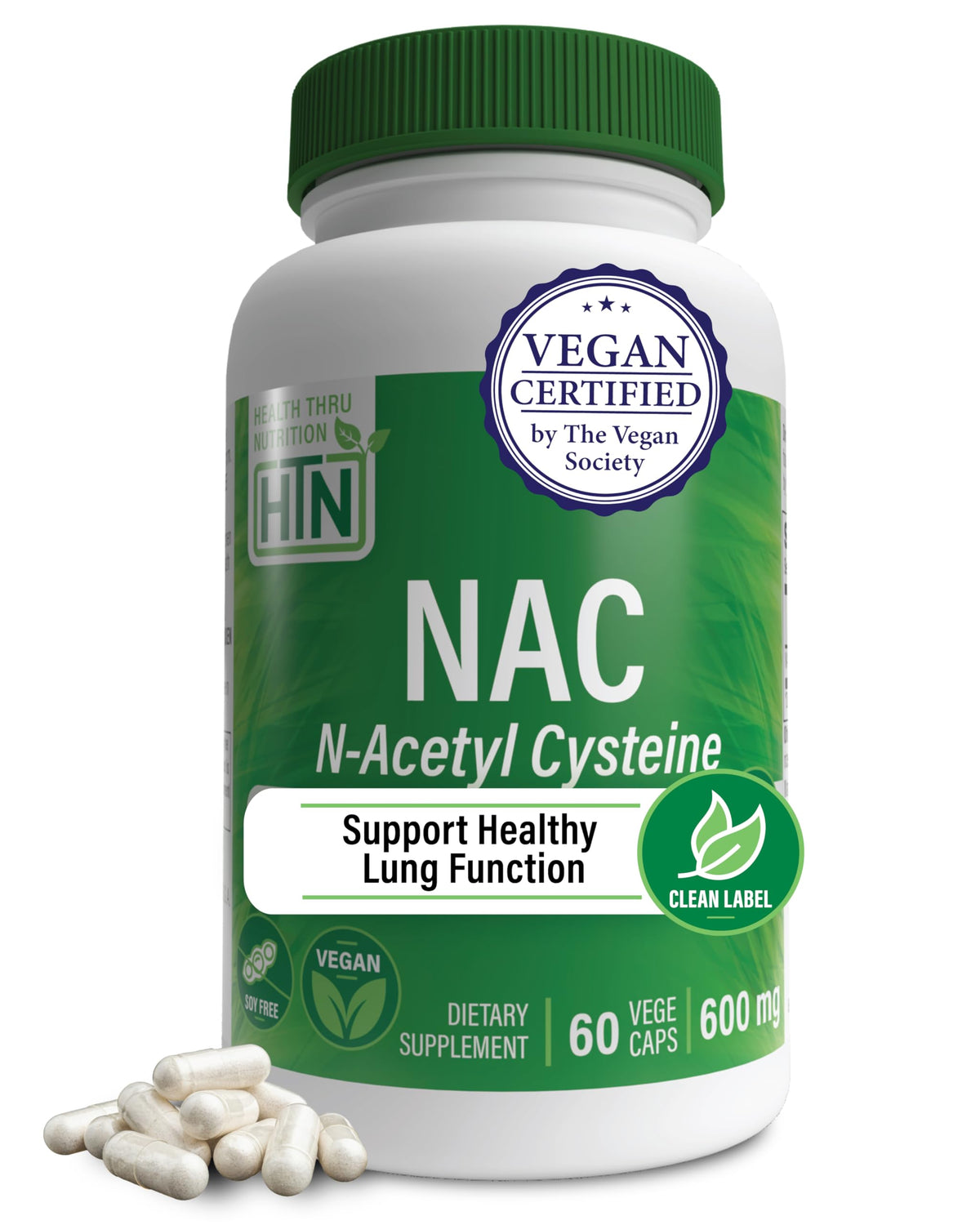 Health Thru Nutrition NAC N-Acetyl-Cysteine 600mg – معتمد نباتي، غير معدل وراثيًا، خالٍ من الغلوتين والصويا | 60 كبسولة