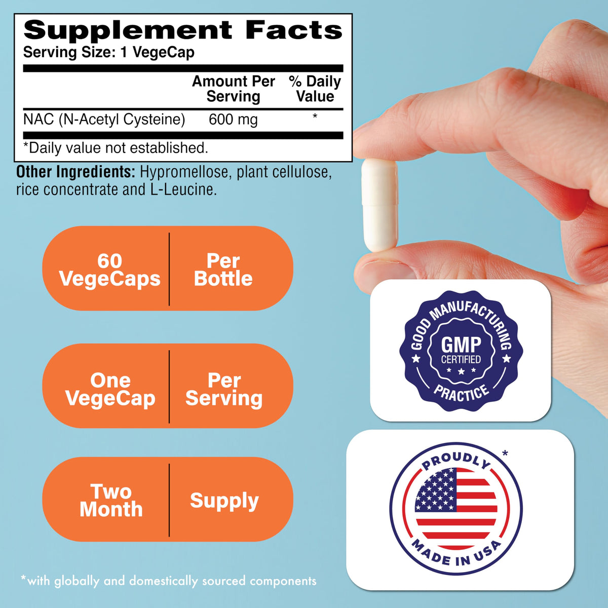 Health Thru Nutrition NAC N-Acetyl-Cysteine 600mg – معتمد نباتي، غير معدل وراثيًا، خالٍ من الغلوتين والصويا | 60 كبسولة
