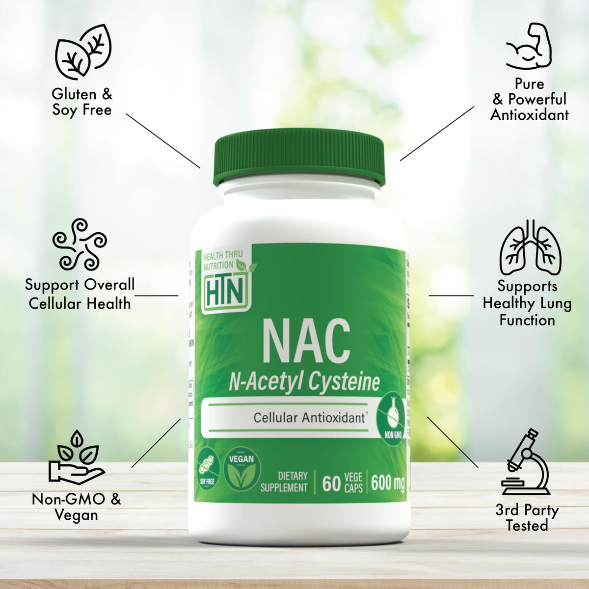 Health Thru Nutrition NAC N-Acetyl-Cysteine 600mg – معتمد نباتي، غير معدل وراثيًا، خالٍ من الغلوتين والصويا | 60 كبسولة