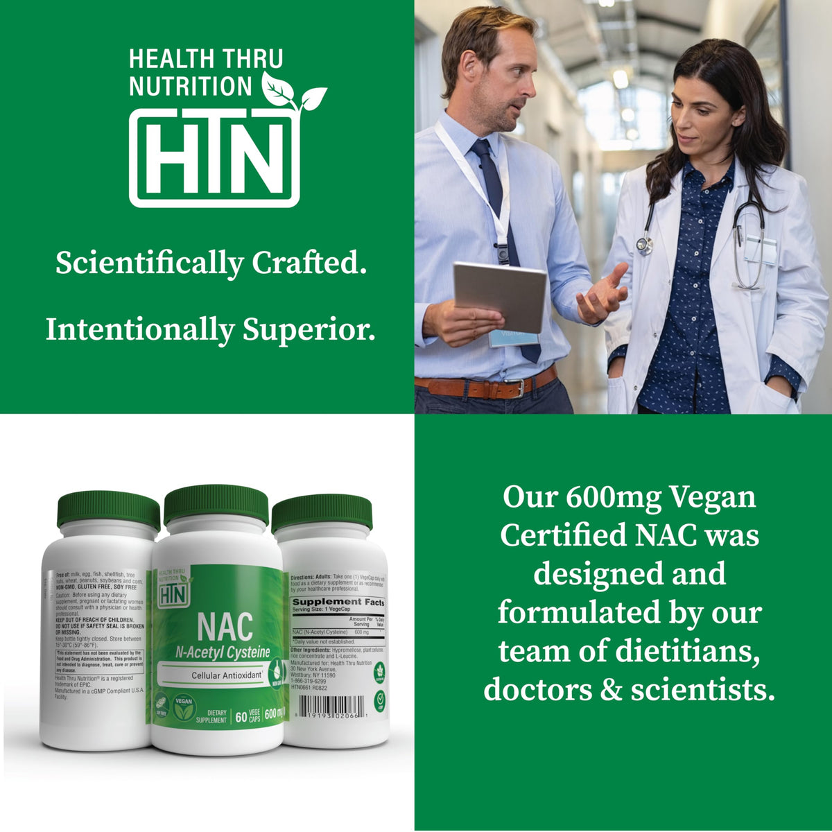 Health Thru Nutrition NAC N-Acetyl-Cysteine 600mg – معتمد نباتي، غير معدل وراثيًا، خالٍ من الغلوتين والصويا | 60 كبسولة