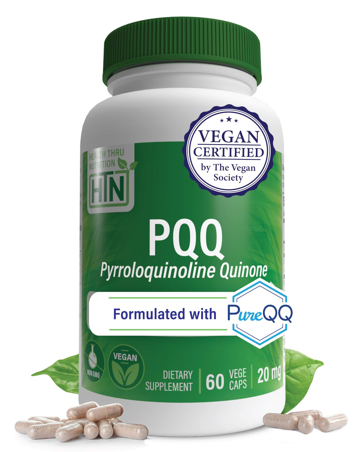 Health Thru Nutrition PQQ 20mg 60 Servings Pyrroloquinoline Quinone as PureQQ | Promotes Mitochondrial Biogenesis | Certified Vegan | Non-GMO Gluten Soy Free Capsules| Clean Label PQQ Supplement